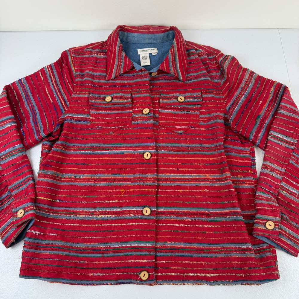 Coldwater Creek‎ Womens Red Striped Textured Fringe Shirt Jacket Shacket Size M